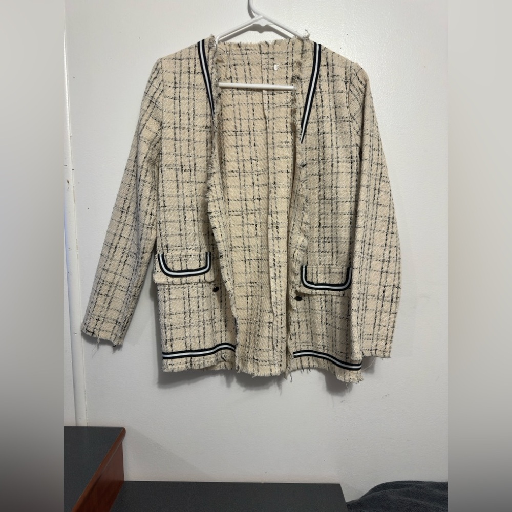 Plaid Fringe Open Blazer